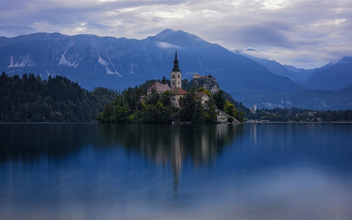 Slovénie, île, église, lac, arbres, montagnes, aube Fonds d'écran, image