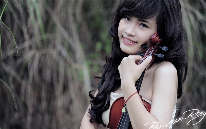 Sourire fille asiatique, musique, violon Fonds d'écran, image