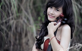 Sourire fille asiatique, musique, violon HD Fonds d'écran