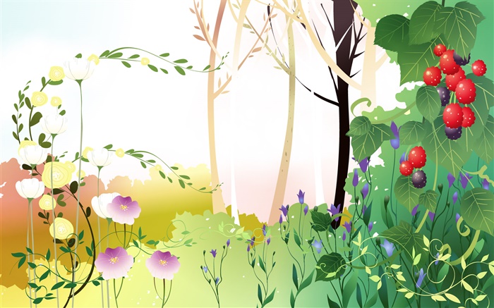 Spring thème, arbres, feuilles, baies, vecteur images Fonds d'écran, image