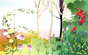 Spring thème, arbres, feuilles, baies, vecteur images