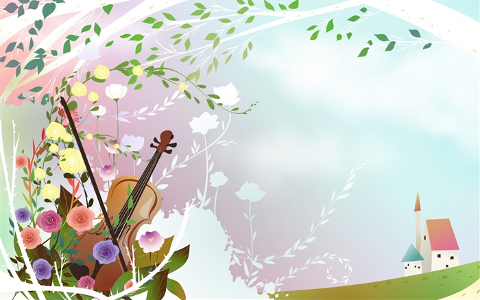 Spring thème, fleurs, violon, arbre, maison, vecteur images Fonds d'écran, image