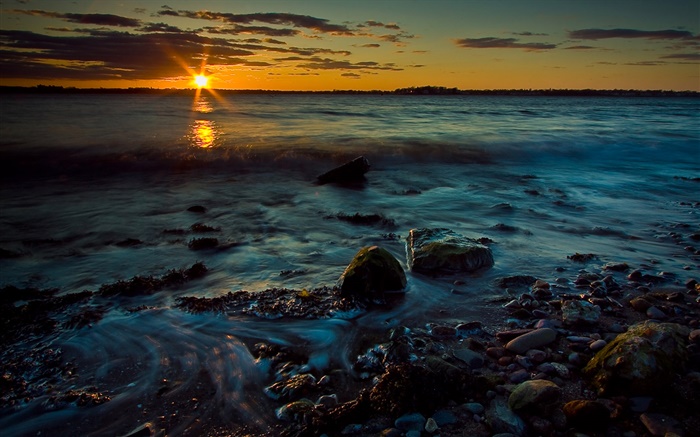 Coucher de soleil, crépuscule, mer, des pierres, côte Fonds d'écran, image