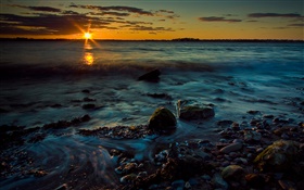 Coucher de soleil, crépuscule, mer, des pierres, côte HD Fonds d'écran