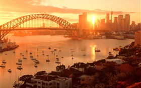 Sydney, Australie, ville coucher de soleil, pont, rivière, bâtiments, le soleil chaud