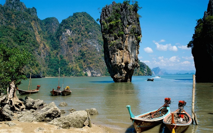 Thaïlande paysage, mer, côte, bateaux, falaise, rochers Fonds d'écran, image