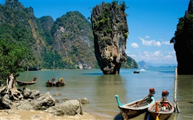 Thaïlande paysage, mer, côte, bateaux, falaise, rochers