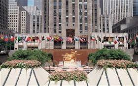 Voyage à New York, États-Unis, la ville, fontaine, fleurs, bâtiments, drapeaux HD Fonds d'écran