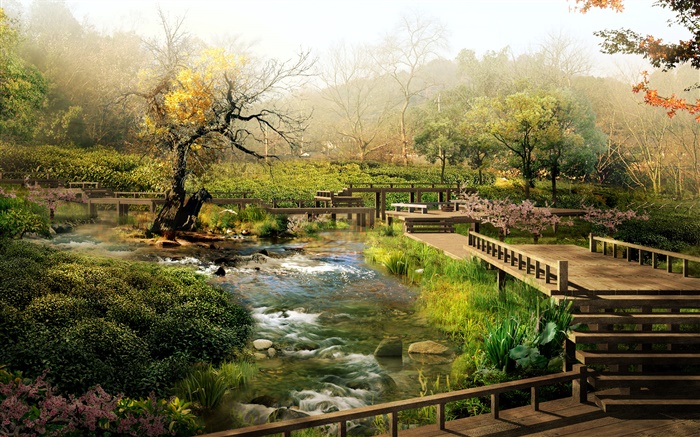 Arbres, ruisseau, sentier en bois, parc, 3D conception photos Fonds d'écran, image
