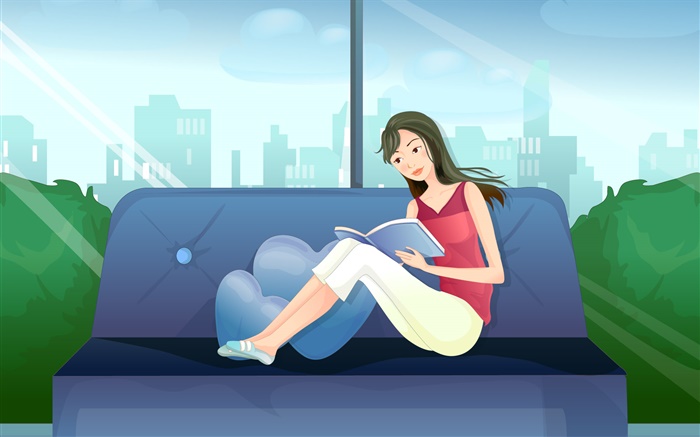 Vector girl, robe rouge, la lecture du livre sur le canapé Fonds d'écran, image