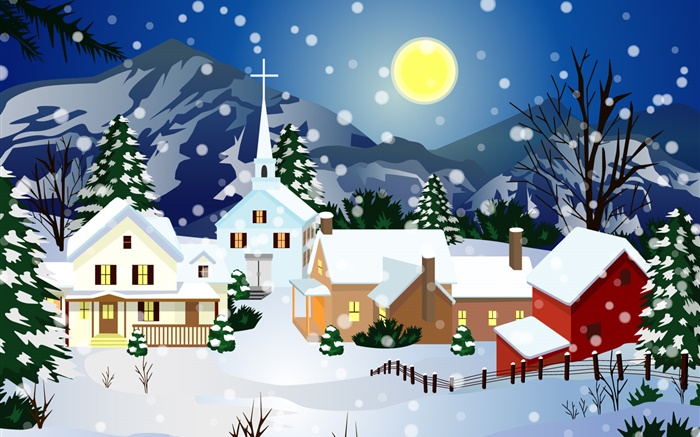 images vectorielles, neige épaisse, maison, lune, Noël Fonds d'écran, image