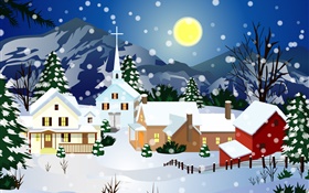 images vectorielles, neige épaisse, maison, lune, Noël
