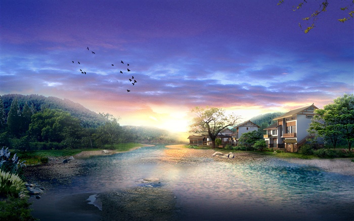 Village, rivière, arbres, oiseaux, coucher de soleil, nuages, 3D rendent la conception Fonds d'écran, image