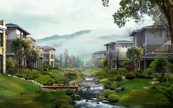 Villas, crique, arbres, brouillard, 3D rendent la conception Fonds d'écran, image