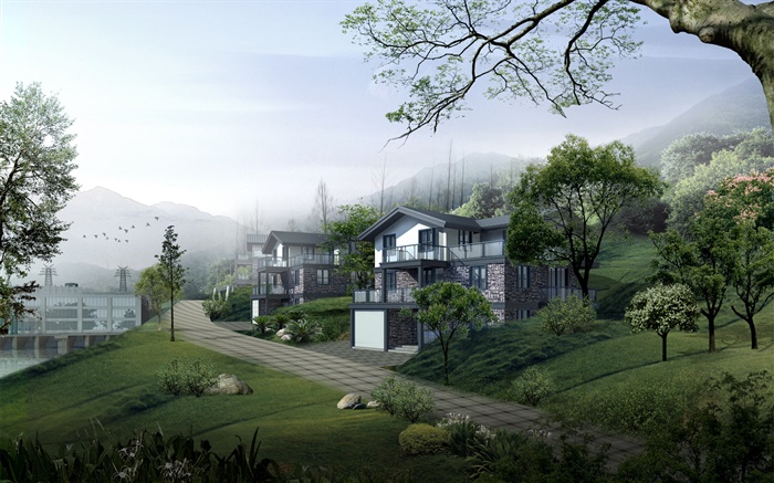 Villas, route, arbres, montagnes, conception 3D Fonds d'écran, image
