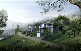 Villas, route, arbres, montagnes, conception 3D
