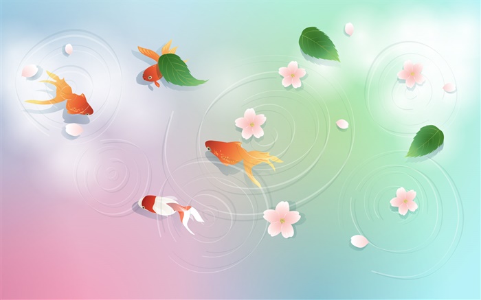 L'eau, les poissons rouges, feuilles, fleurs, conception de vecteur Fonds d'écran, image