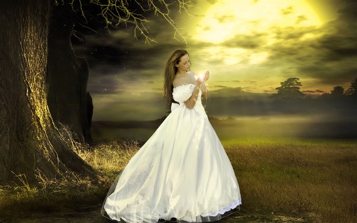 Robe blanche fantasy girl, crépuscule, magique Fonds d'écran, image