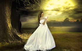 Robe blanche fantasy girl, crépuscule, magique HD Fonds d'écran