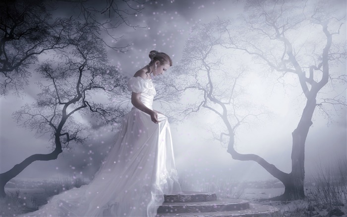 Blanc fantasy girl robe, arbres, neige, rayons lumineux Fonds d'écran, image