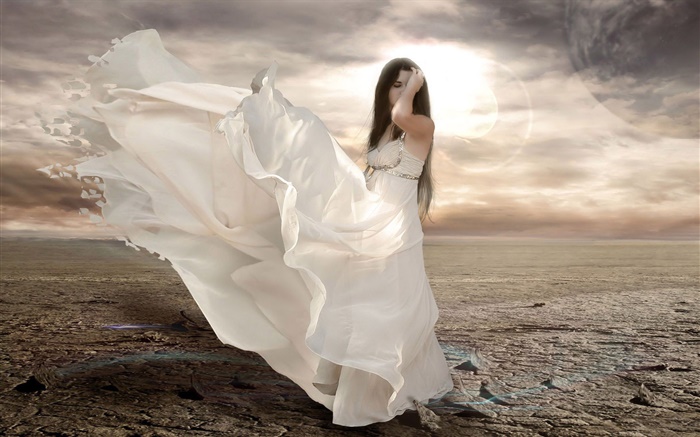 Robe blanche fantasy girl, vent, soleil Fonds d'écran, image