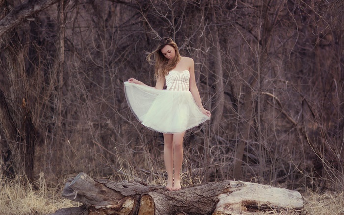 Robe blanche fille, forêt, solitaire Fonds d'écran, image