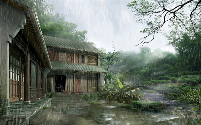 Maison en bois, de fortes pluies, les arbres, 3D, render images Fonds d'écran, image