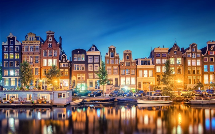 Amsterdam, Nederland, la ville, le soir, la rivière, les maisons, les lumières Fonds d'écran, image