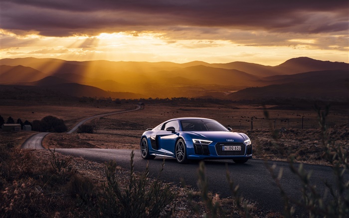 Audi R8 V10 voiture bleu, coucher de soleil, nuages Fonds d'écran, image