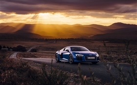 Audi R8 V10 voiture bleu, coucher de soleil, nuages