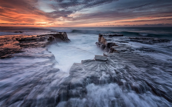 Australie, Nouvelle-Galles du Sud, Royal National Park, la côte, la mer, les rochers, l'aube Fonds d'écran, image