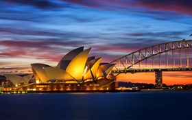 Australie, Sydney Opera House, le pont, le soir, les lumières, la mer HD Fonds d'écran