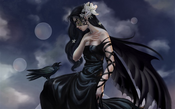 Robe noire fantaisie fille, assistant corbeau, ailes Fonds d'écran, image
