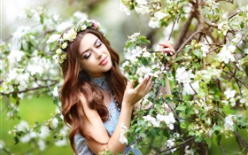 Brown hair girl, pommier, fleurs blanches fleurs HD Fonds d'écran