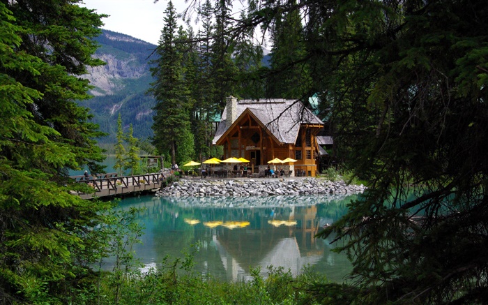 Canada, le lac Emerald, le parc national Yoho, forêt, lac, maison Fonds d'écran, image