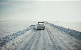 Car, route, neige, style rétro HD Fonds d'écran