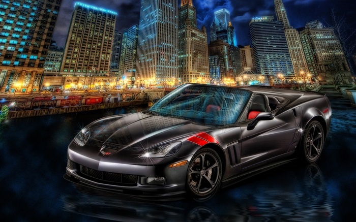 Chevrolet Corvette supercar, la ville, la nuit, les gratte-ciel Fonds d'écran, image