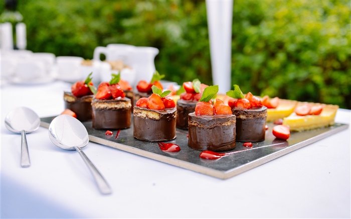 gâteaux au chocolat, dessert, fraise, menthe, nourriture Fonds d'écran, image