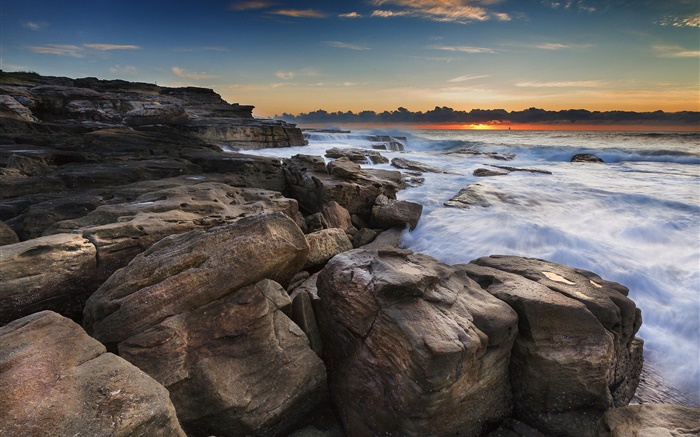 Côte, océan, roches, lever du soleil, plage Fonds d'écran, image