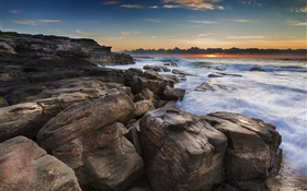 Côte, océan, roches, lever du soleil, plage HD Fonds d'écran