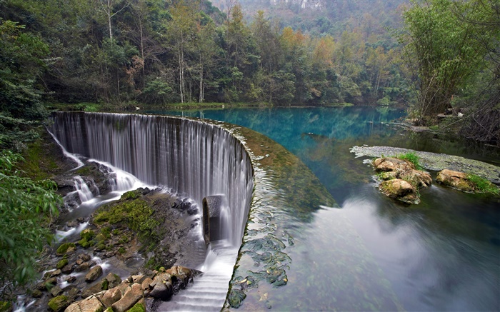 Croatie, Parc national des lacs de Plitvice, forêt, pierres, arbres, cascade Fonds d'écran, image