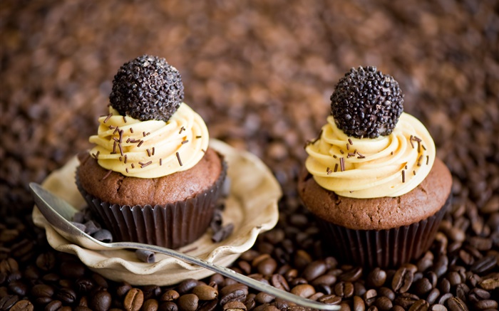 Petits gâteaux, crème, chocolat, grains de café Fonds d'écran, image