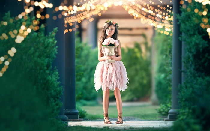 Mignon robe rose, fille, bouquet, lumières Fonds d'écran, image