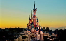 Disneyland, château, coucher de soleil, crépuscule