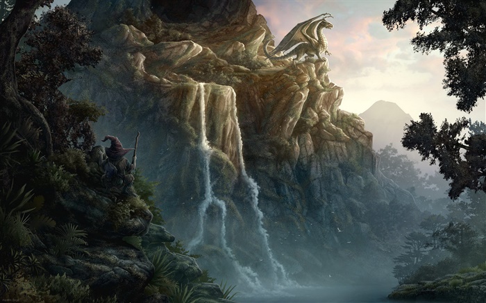 Dragon, falaise, cascade, design créatif Fonds d'écran, image