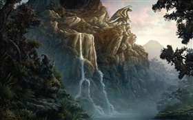 Dragon, falaise, cascade, design créatif HD Fonds d'écran
