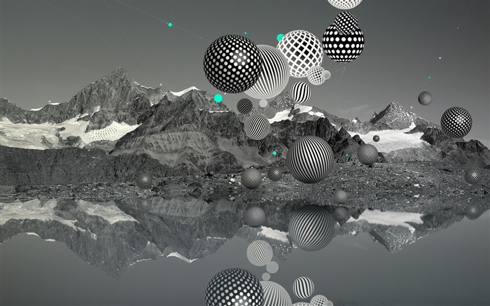 balles de vol, montagnes, lac, noir et blanc, des images créatives Fonds d'écran, image