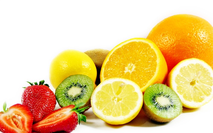 Fruits close-up, orange, citron, kiwi, fraises Fonds d'écran, image