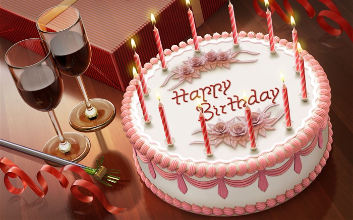 Joyeux anniversaire, gâteau, bougies, vin, cadeau Fonds d'écran, image