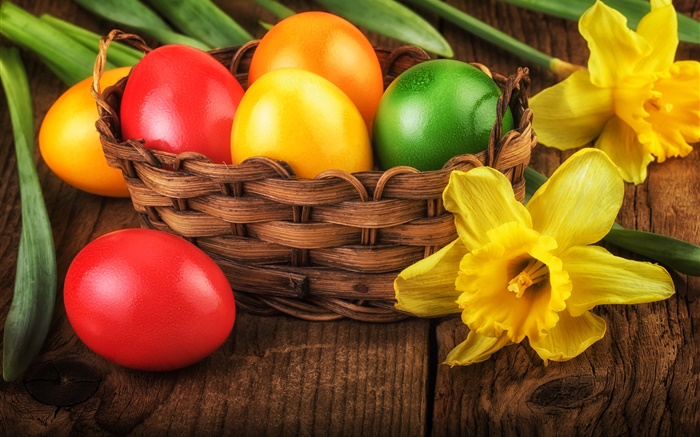 Happy Easter, oeufs colorés, décoration, jonquilles jaunes Fonds d'écran, image